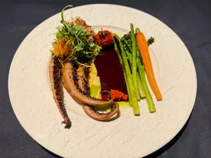 Gegrillter Oktopus mit Püree und Gemüse